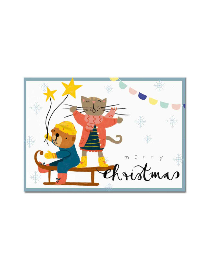 Postkarte "Merry Christmas - Schlittenkinder"