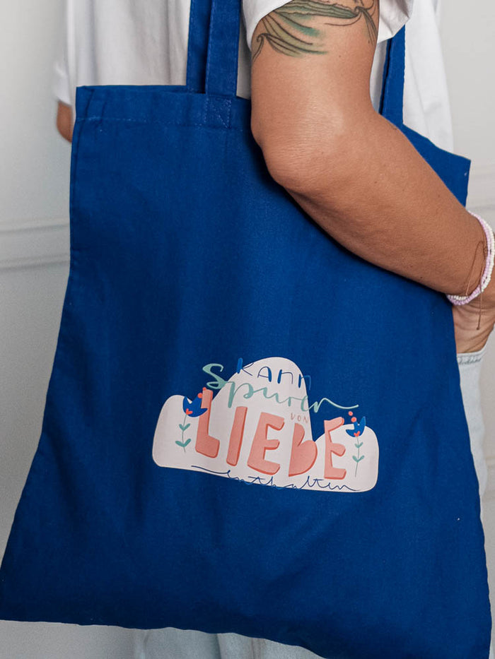 Stofftasche "kann Spuren von Liebe enthalten" Blau